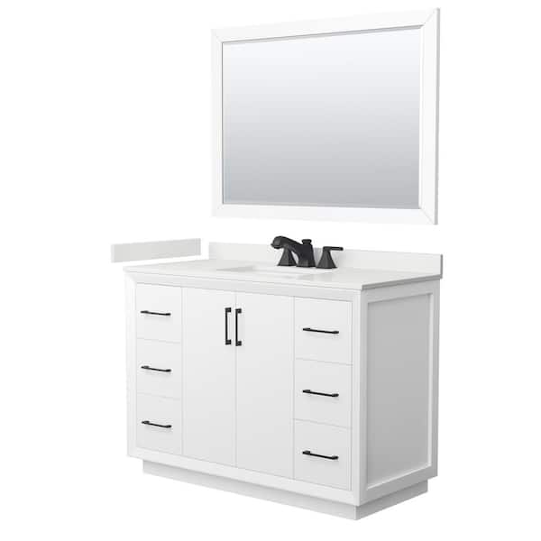 Wyndham Collection Strada 48 in. W x 22 in. D x 35 in. H Single Bath Vanity in White with White Quartz Top and 46 in. Mirror