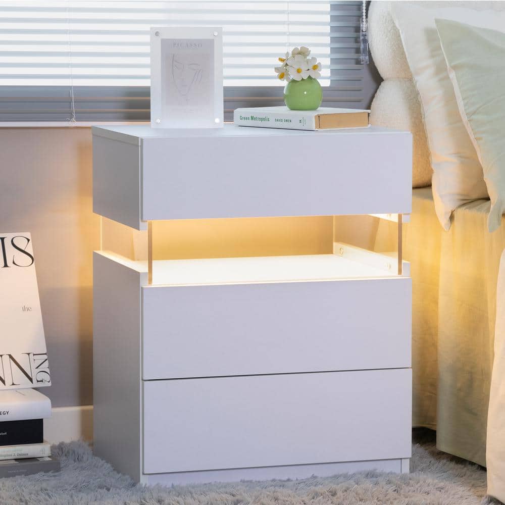 White 3-Drawer 19.7 in. W Nightstand with Multi-Color LED
