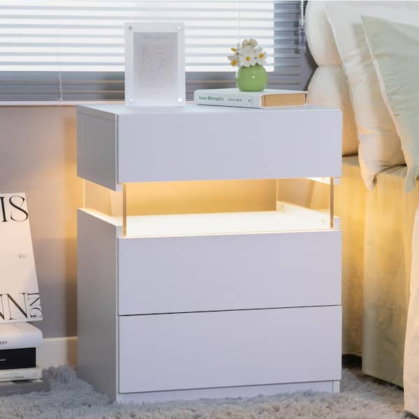 White 3-Drawer 19.7 in. W Nightstand with Multi-Color LED