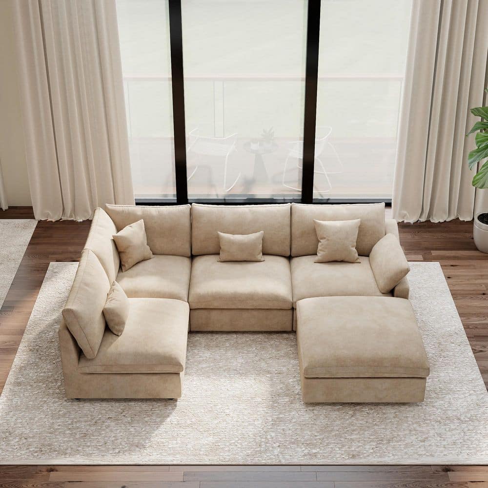 119.29 in. Slope Arm 5-Piece Linen Deep Seat Modular Free Combination Sectional Sofa with Removable Covers in Brown