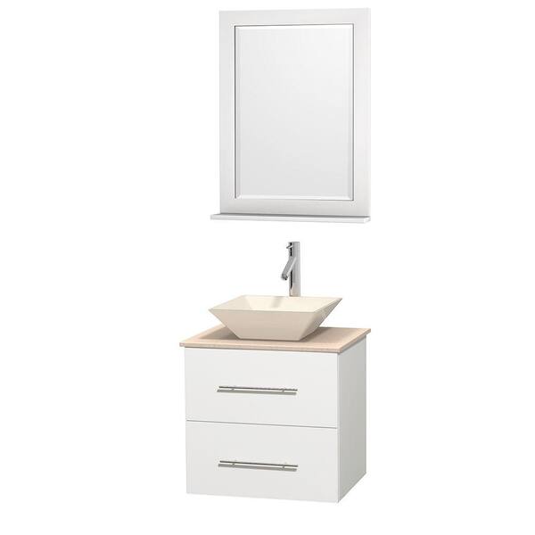 Wyndham Collection Centra 24 in. Vanity in White with Marble Vanity Top in Ivory, Bone Porcelain Sink and 24 in. Mirror