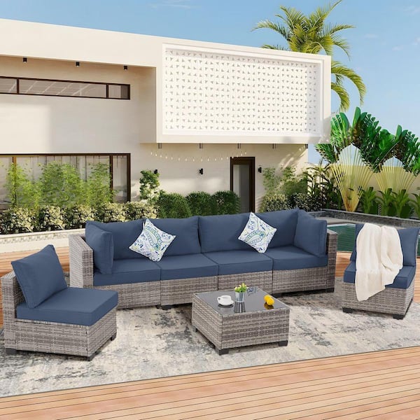 7-Piece Theme Gray Metal Wicker Square Table Outdoor Bistro Set with Cushion Guard Navy Blue Cushions