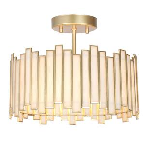 Modern 13 in. 3-Light Gold Drum Semi-Flush Mount with Tiffany Glass Shade