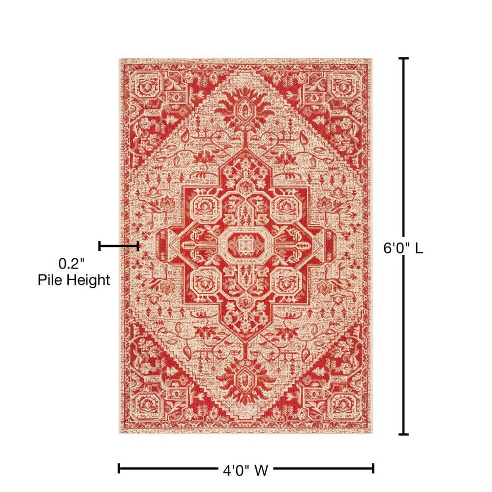 Red and Cream Geometric Synthetic Indoor/Outdoor Area Rug, 4' x 6'