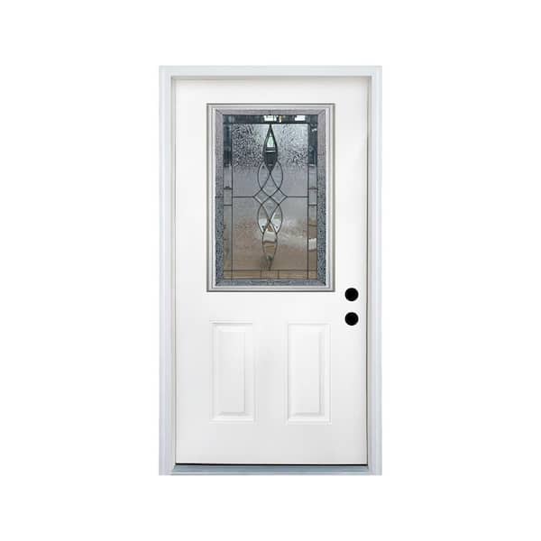 36 in. x 80 in. 2-Panel Right-Hand 1/2 Lite Decorative Glass White Fiberglass Prehung Front Door with Threshold, Hinge
