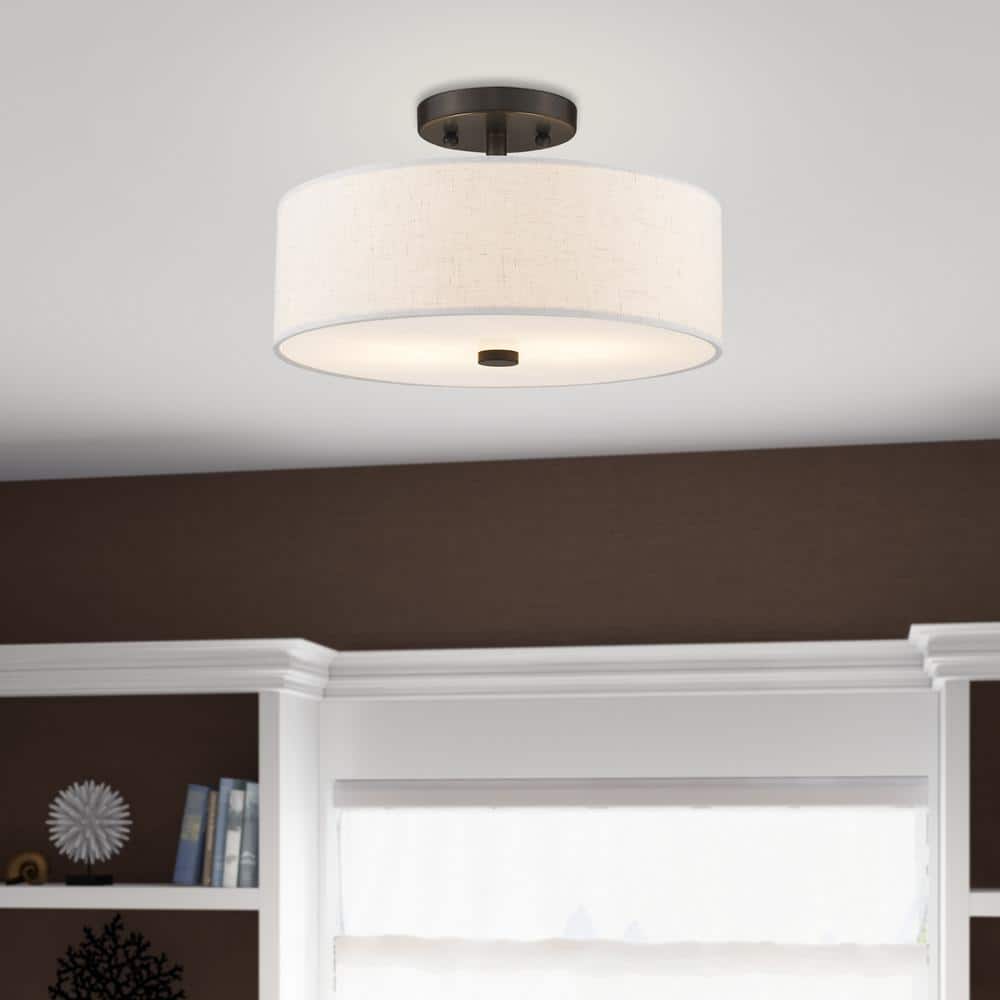 Meridian English Bronze 13" Drum Semi-Flush Mount with Oatmeal Fabric Shade