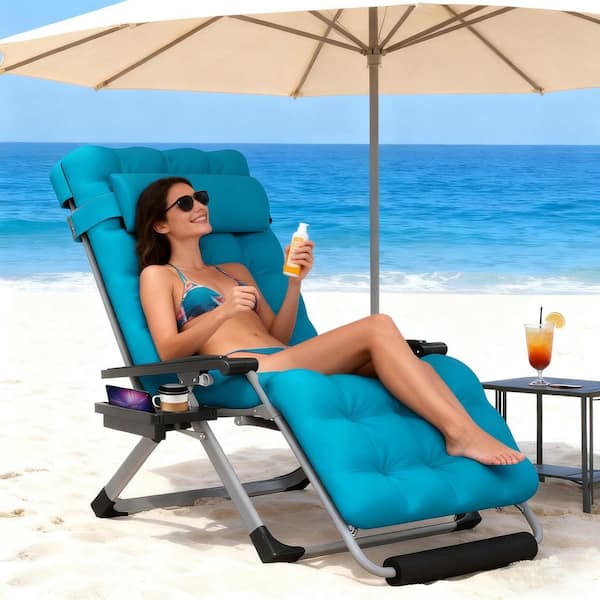 29 in.W Oversized Zero Gravity Chair Metal Outdoor Chaise Lounge with Light Blue Removable Cushion and Headrest