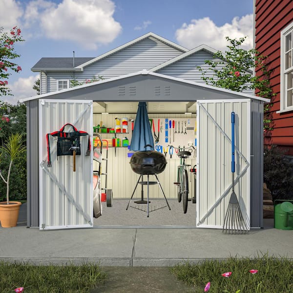 Unbranded 10 ft. W x 8 ft. D Gray Metal Outdoor Storage Shed All Weather, with Lockable Doors, for Garden Tool, Yard, 81.37sq. ft.