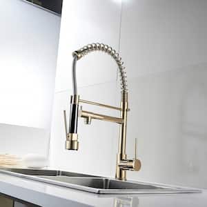 Double Handles Deck Mount Spring Pull Out Sprayer Kitchen Faucet with Clean Water Outlet in Brushed Gold
