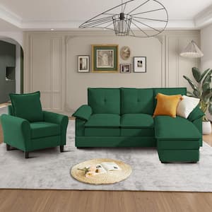 82.28 in. Top Pillow Arm Fabric L Shape Sectional Sofa with Reversible Ottoman and Chair in Green