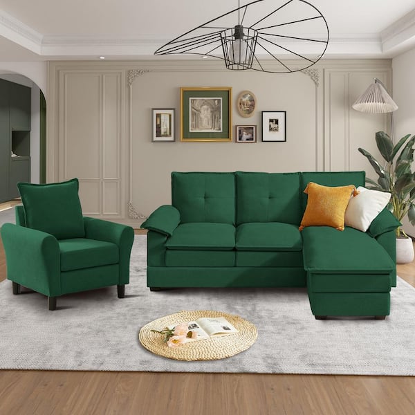 STICKON 82.28 in. Top Pillow Arm Fabric L Shape Sectional Sofa with Reversible Ottoman and Chair in Green