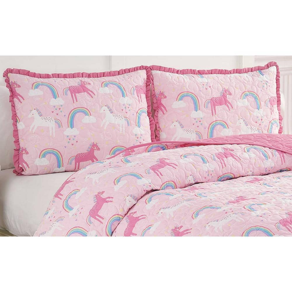 Pink Reversible Microfiber Twin Quilt Set with Unicorns