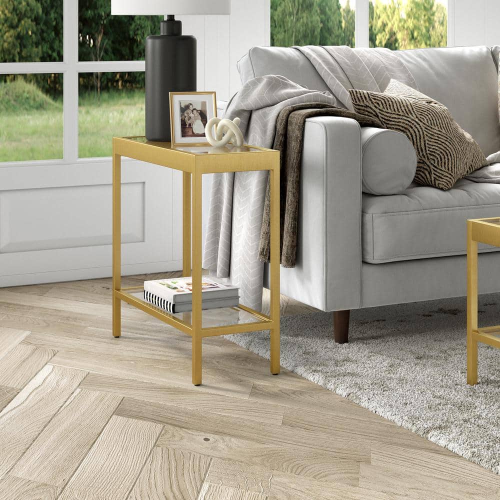 Sleek Brass & Glass 24" Rectangular Side Table with Shelf