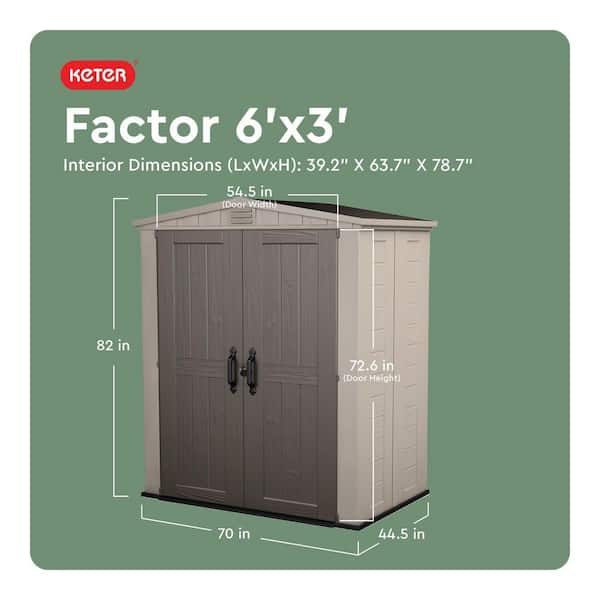 Factor 6 ft. W x 3 ft. D Outdoor Durable Resin Plastic Storage Shed with Double Doors, Taupe and Brown (22.9 sq. ft.)