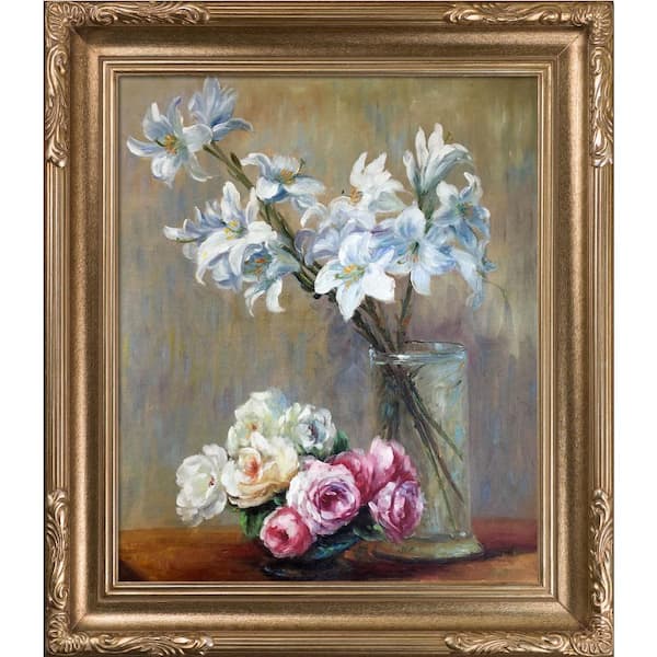 LA PASTICHE Roses and Lilies by Henri Fantin-Latour Florentine Dark Champagne Framed Nature Oil Painting Art Print 27 in. x 31 in.