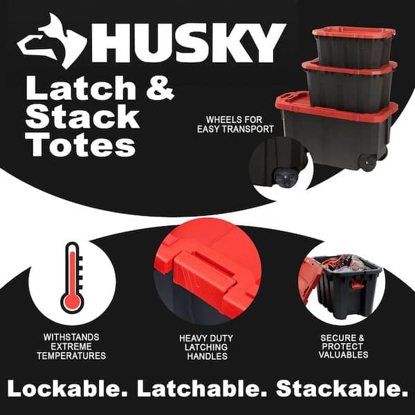 Husky 45 Gal. Latch and Stack Tote with Wheels in Black with Red Lid 206201  The Home Depot