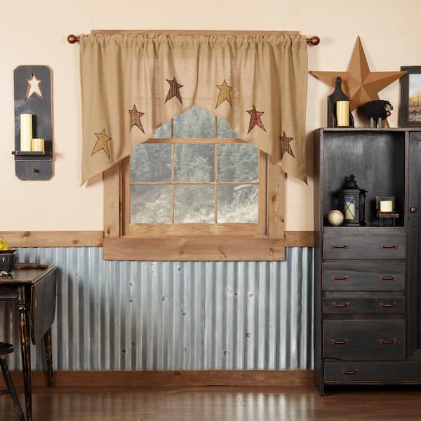 VHC BRANDS Stratton Burlap Star 36 in. W x 36 in. L Cotton Primitive Swag Valance in Tan Pair
