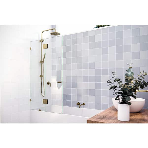 Glass Warehouse 34 in. x 58 in. Frameless Glass Hinged Bathtub Door in Polished Brass