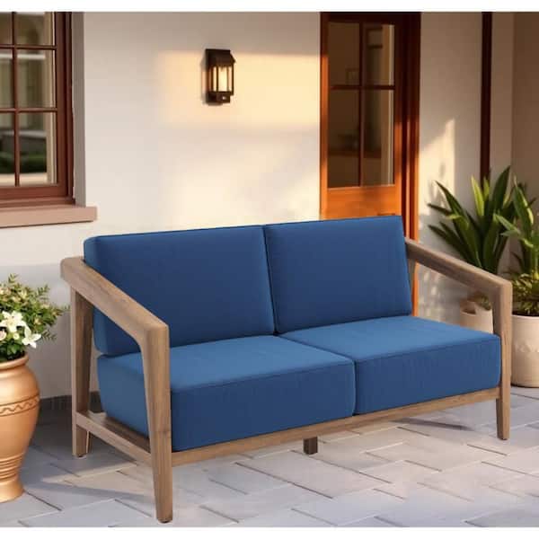 Benjara 30.71 in. Blue and Brown Solid Polyester 2-Seater Loveseat with Wooden Frame