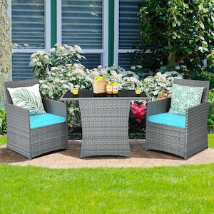 3-Piece Patio Wicker Patio Conversation Set with Blue Cushions Sofa Armrest Garden