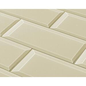 Frosted Elegance Glossy Glittery Cream Beveled Subway 3 in. x 12 in Glass Decorative Wall Tile (1 sq. ft.)