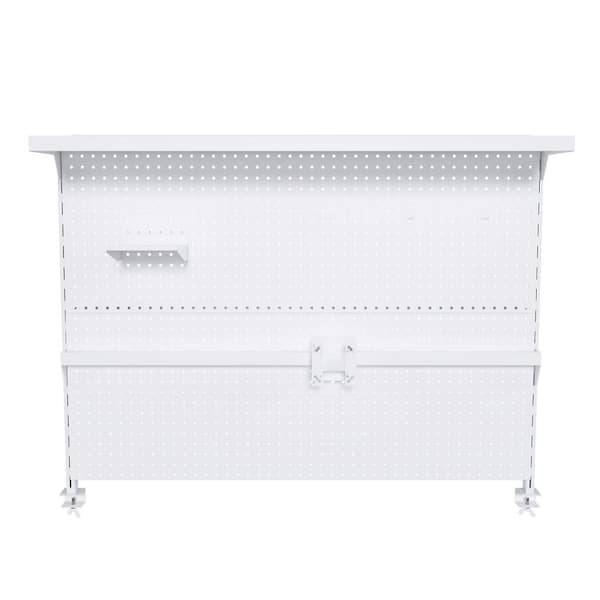 43 x 35 Inch White Clamp-On Desk Pegboard with Single Monitor Stand Hooks & Movable Panel