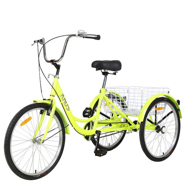 Zeus & Ruta 26 in. Adults Tricycle Trikes, Steel Frame with Large Shopping Basket for Women and Men in Yellow