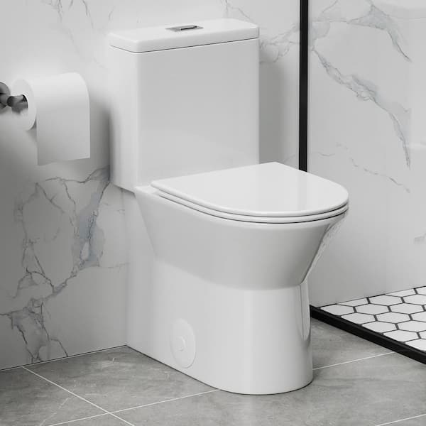 1-Piece 1.1/1.6 GPF Dual Flush Rimless Bowl Toilet in Gloss White with Soft Close Seat