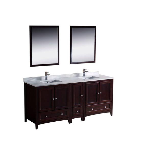 Fresca Oxford 72 in. Double Vanity in Mahogany with Ceramic Vanity Top in White with White Basins and Mirror with Side Cabinet