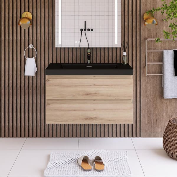 Staykiwi 35.5 in. W x19.5 in. D x 22.5 in. H Single Sink Wall Mounted Bath Vanity in Natural Oak with Matte Black Quartz Sand Top
