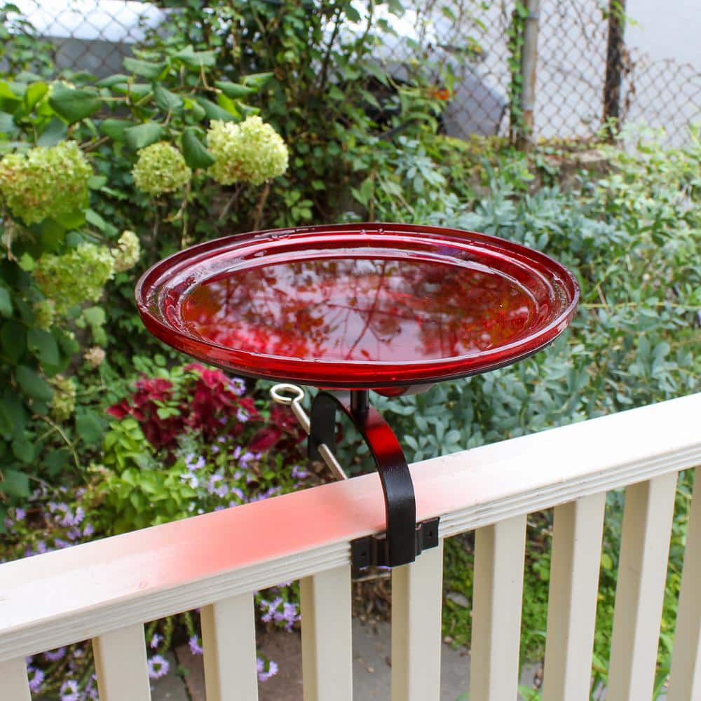 Red Crackle Glass Birdbath with Over Rail Bracket