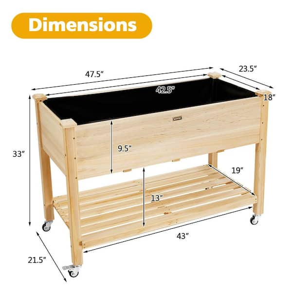 Gymax Raised Garden Bed Wood Elevated Planter Bed w/Lockable Wheels Shelf & Liner