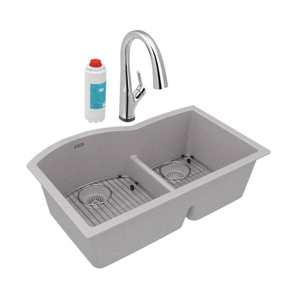 Graystone Double Bowl Stone Undermount Kitchen Sink with Faucet