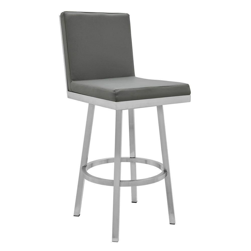 Benjara Kim 26 in. Modern Gray and Silver High Back Metal Frame Swivel Bar Stool with Vegan Faux