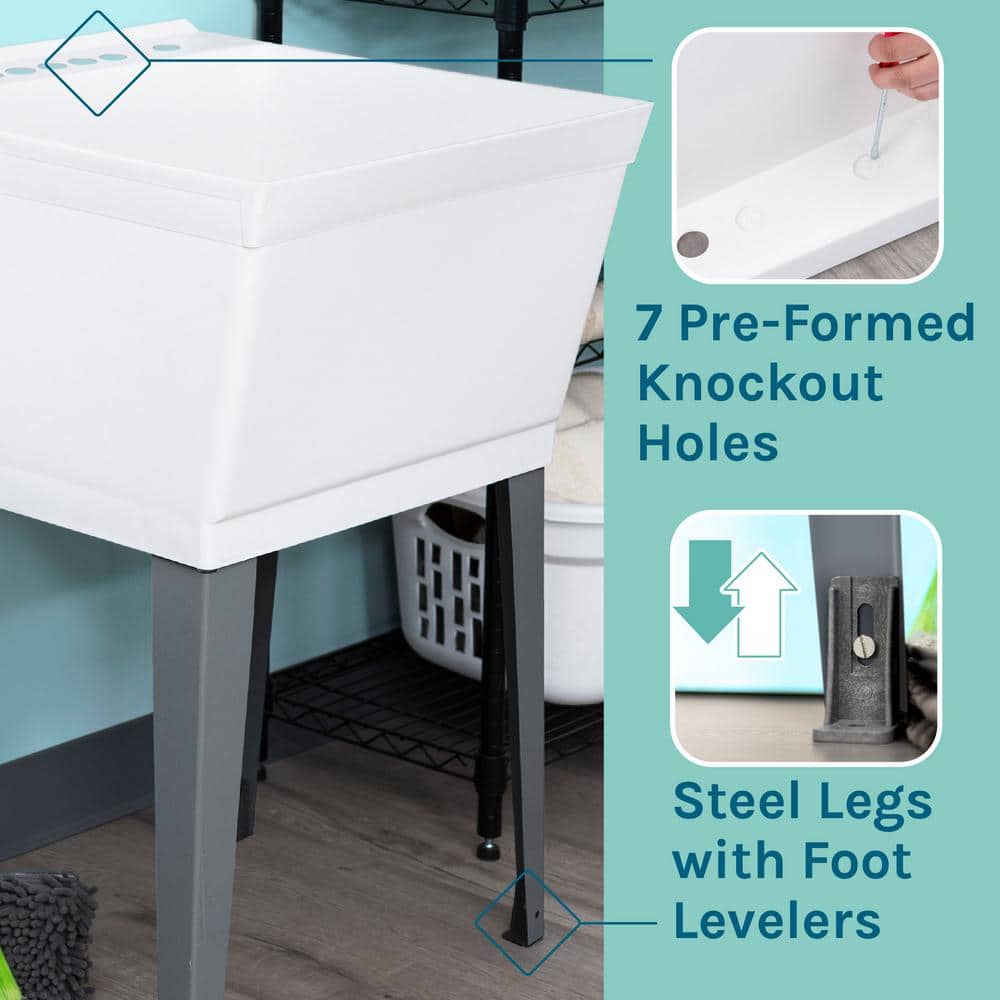 White Thermoplastic Freestanding Utility Sink with Pull-Out Faucet