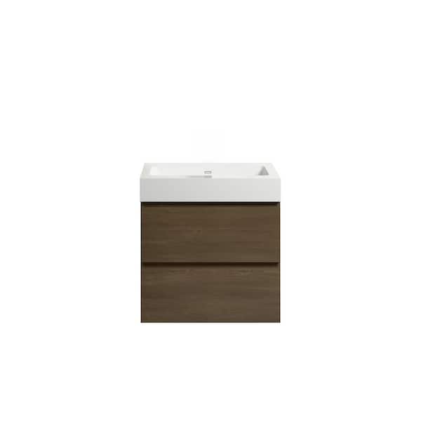 Aoibox 24 in. W x 18 in. D x 25 in. H Wall Mounted Floating Bathroom Vanity in Dark Oak with White Top Single Sink