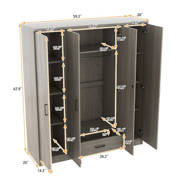 Nestfair 4-Door Gray Wood 59.2 in. Wardrobe with 1-Drawers WR0002E