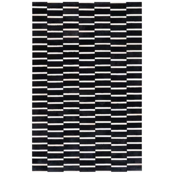 Studio Leather Black Beige Doormat 3 ft. x 5 ft. Striped Area Rug