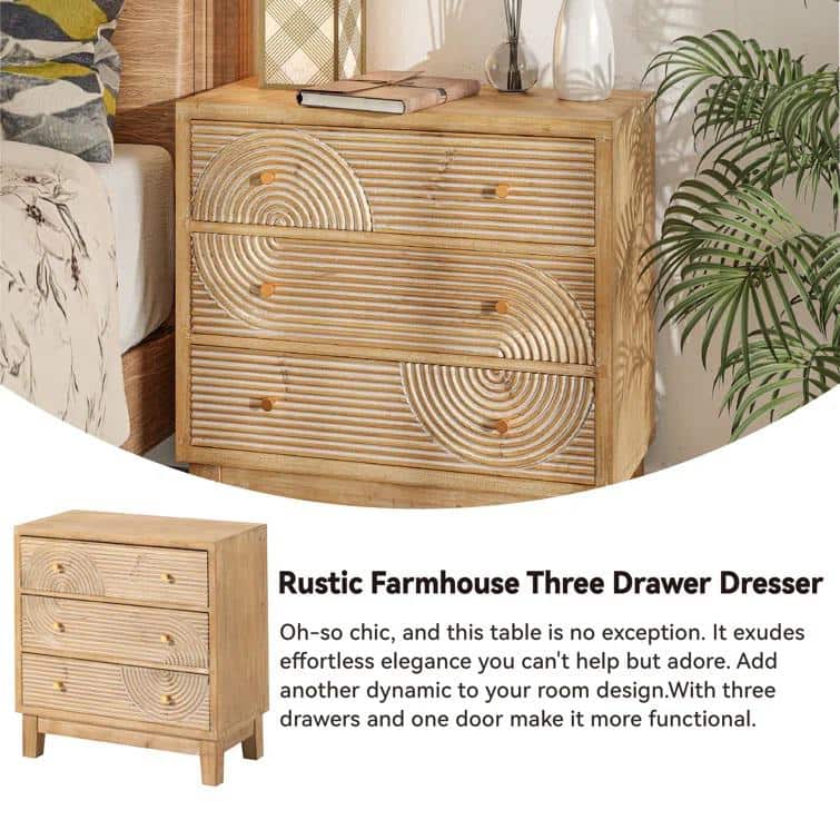 Natural Wood 3-Drawer Farmhouse Dresser with Handicraft Motif