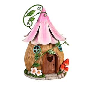 10 in. LED Metal Fairy House Garden Statue, Purple Floral Roof