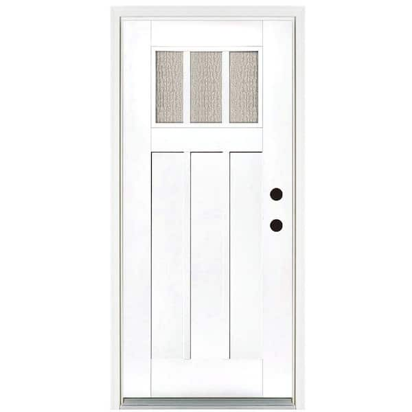 36 in. x 80 in. Smooth White Left-Hand Inswing 3-Lite Water Wave Craftsman Finished Fiberglass Prehung Front Door