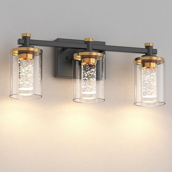 17 in. 3-Light Black and Gold LED Vanity Light, Crystal Glass Shades, 3CCT Modern Bathroom Wall Fixture for Mirror