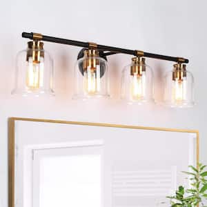 29 in. 4-Light Black Bathroom Vanity Light Modern Classic Bell Wall Sconce with Brass Accents Clear Glass Shades