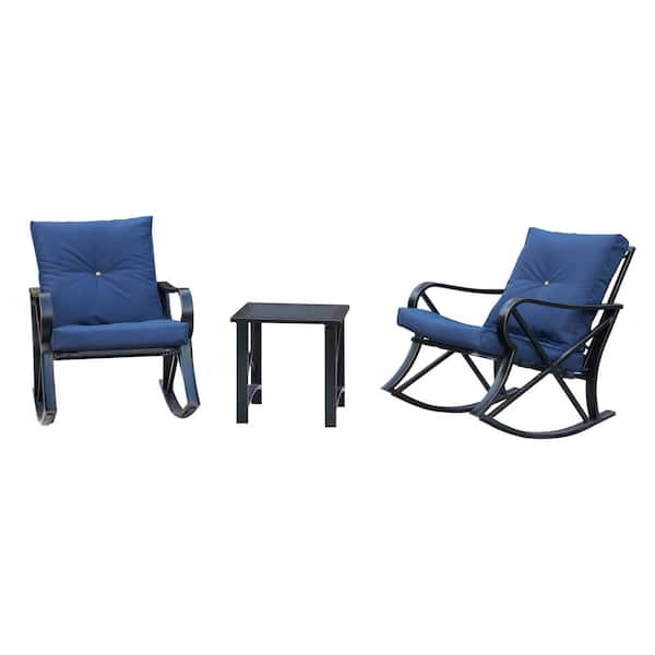 3-Piece Metal Patio Rocker Conversation Set with Blue Cushions