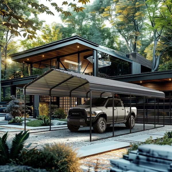 PHI VILLA 12 ft. W x 25 ft. D Galvanized Steel Carport Car Canopy Shelter