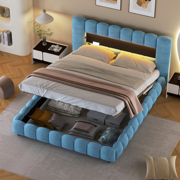 Harper & Bright Designs Blue Wood Frame Queen Size Linen Upholstered Platform Bed with Hydraulic Storage, LED Lights, USB Port, Inner Shelf