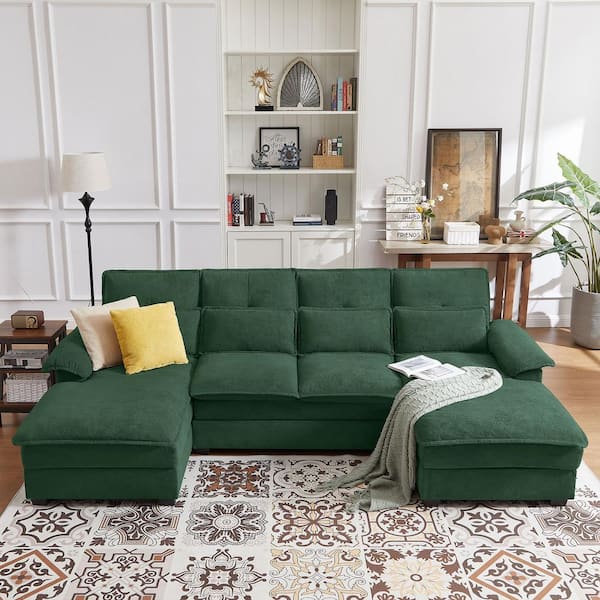 STICKON 109.84 in. W Pillow Top Arms Fabric Modern U-Shaped Polyester Sofa in Green with Toss Pillows