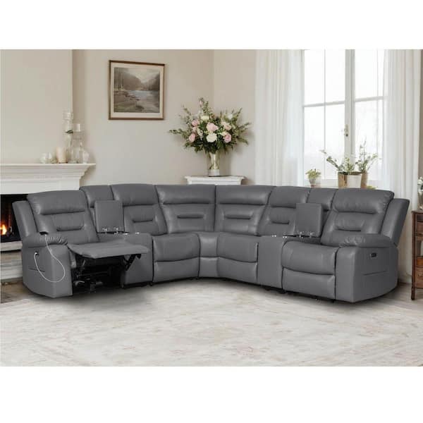 109 in. Faux Leather 5-Seater Power Reclining Sectional Sofa with Modular Design, USB Charging Ports in Gray