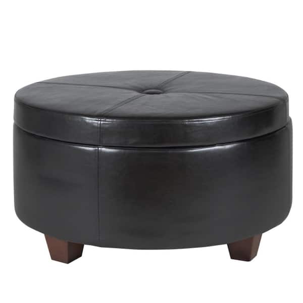Benjara Black and Brown Faux Leather Round Accent Ottoman