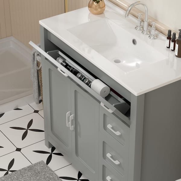 30 in. Single Sink Freestanding Grey Bath Vanity with White Ceramic Top Unassembled
